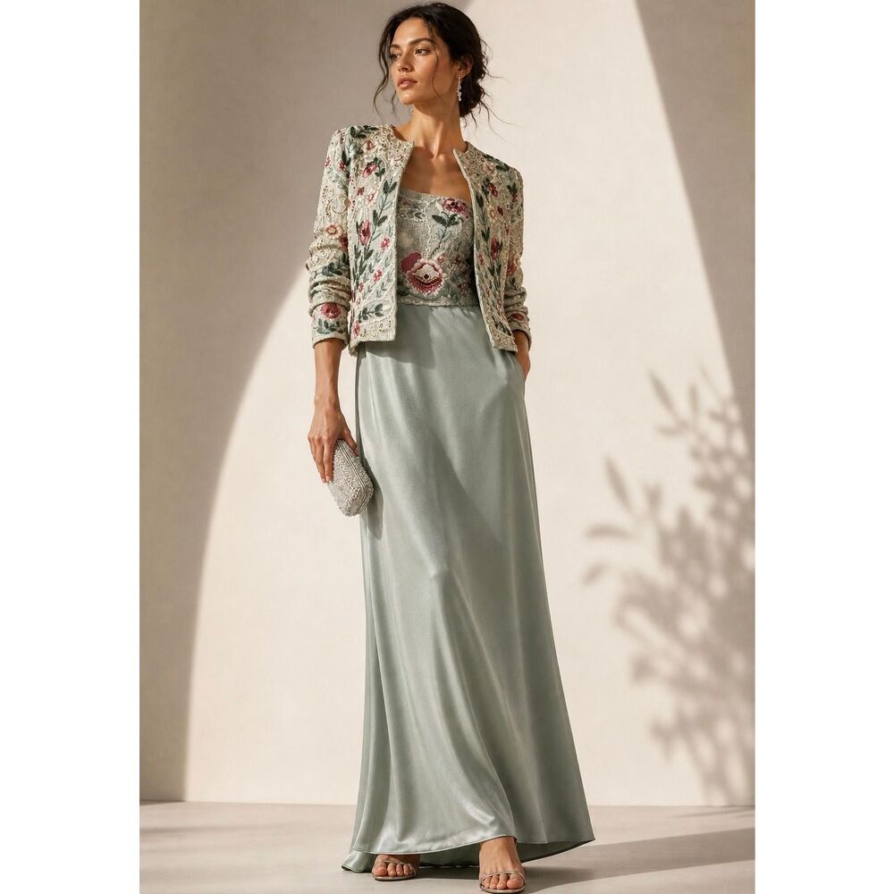 Vintage Richilene Beaded Jacket Silk Slip Dress Set Embroidered Formal XS/ S